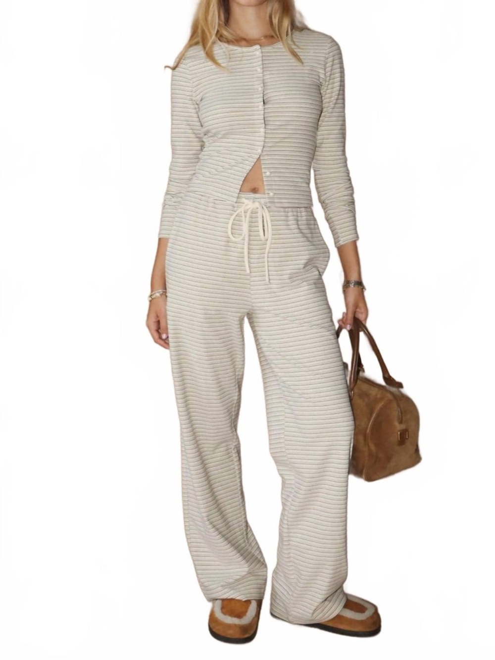 Striped Wide Leg Lounge Pants Cream NWT | Bailey Rose | M